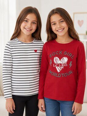 Kiabi Girls Long Sleeve Tops 2pc Set Rock Girl Striped Size 10